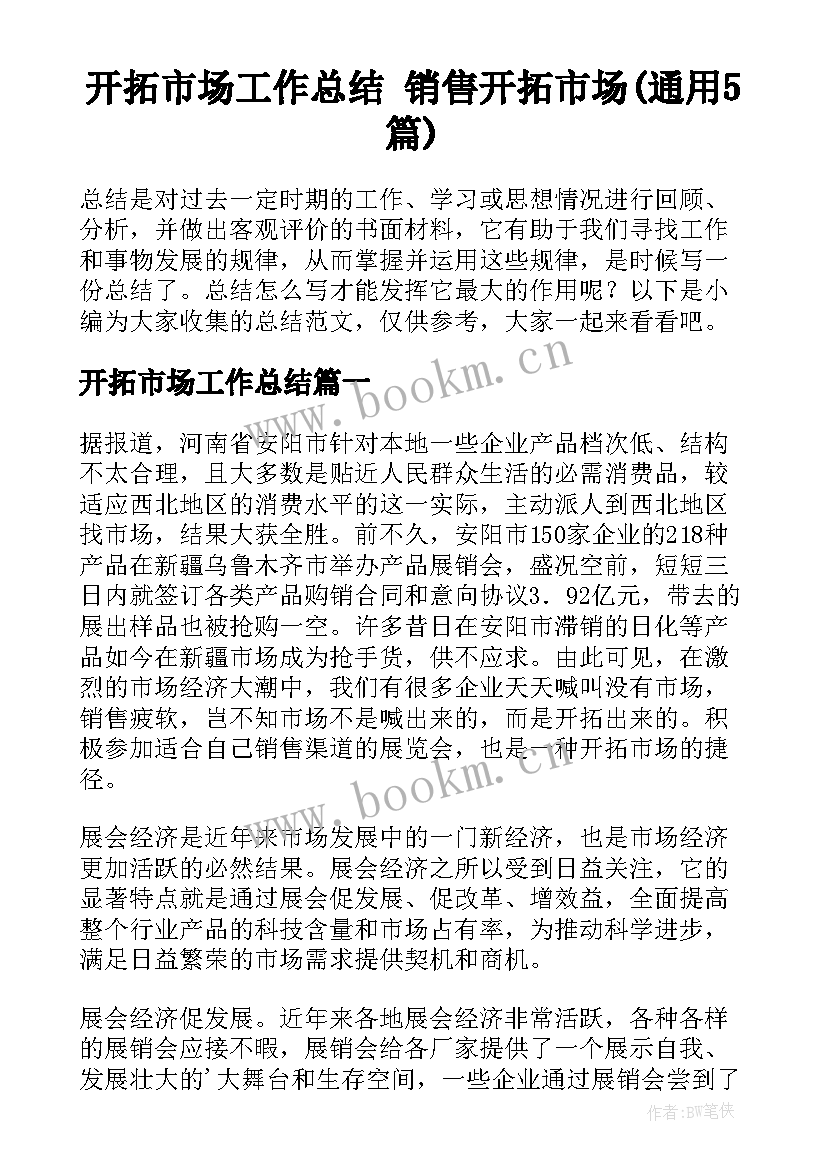 开拓市场工作总结 销售开拓市场(通用5篇)