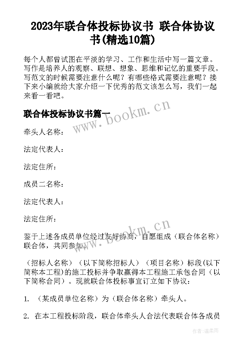 2023年联合体投标协议书 联合体协议书(精选10篇)