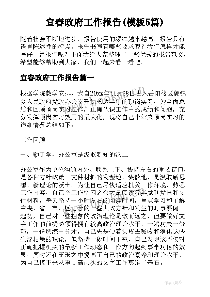 宜春政府工作报告(模板5篇)