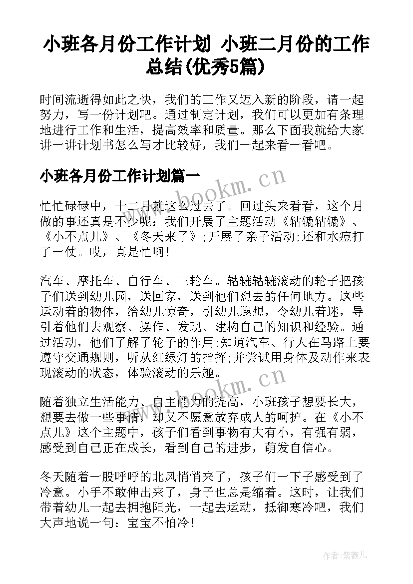 小班各月份工作计划 小班二月份的工作总结(优秀5篇)