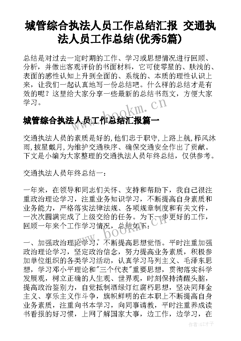 城管综合执法人员工作总结汇报 交通执法人员工作总结(优秀5篇)