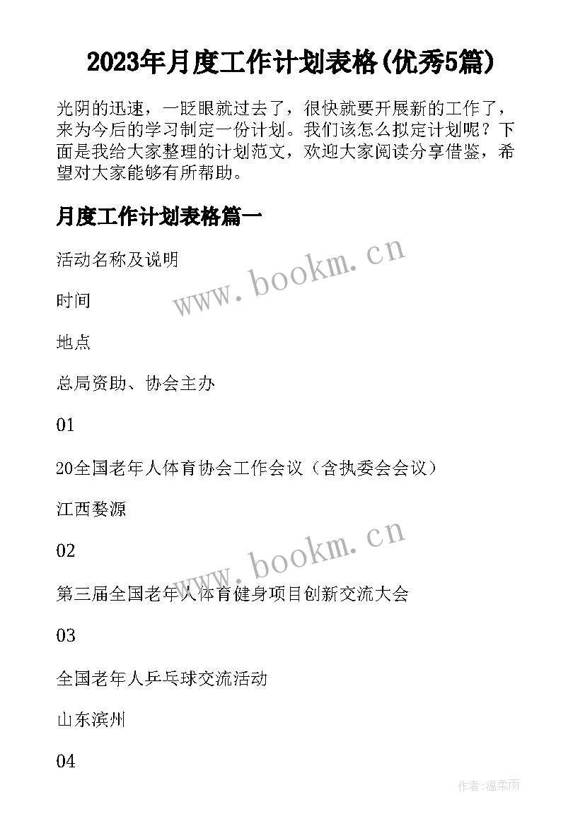 2023年月度工作计划表格(优秀5篇)