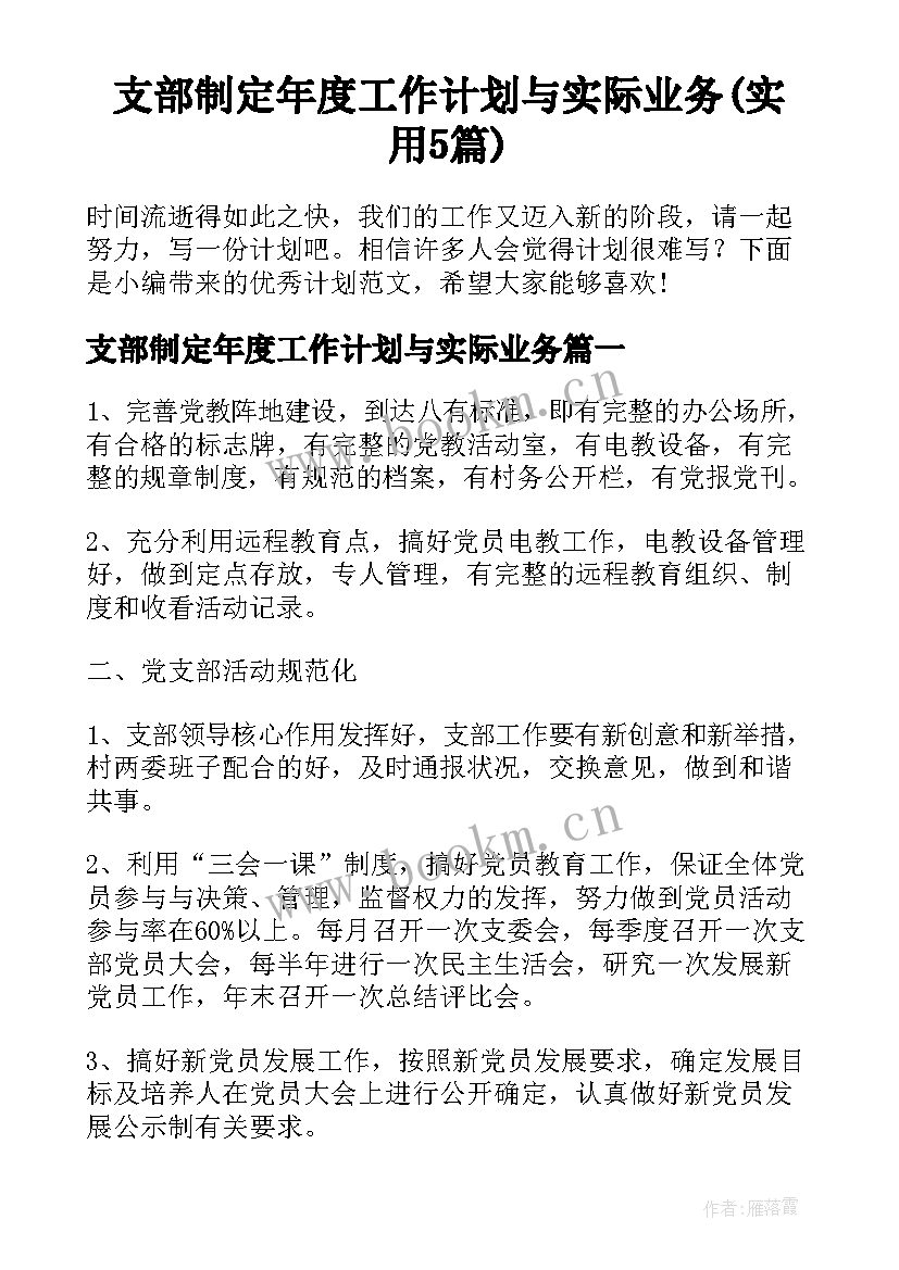 支部制定年度工作计划与实际业务(实用5篇)