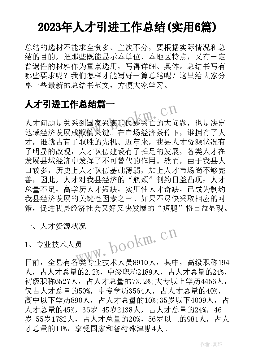 2023年人才引进工作总结(实用6篇)