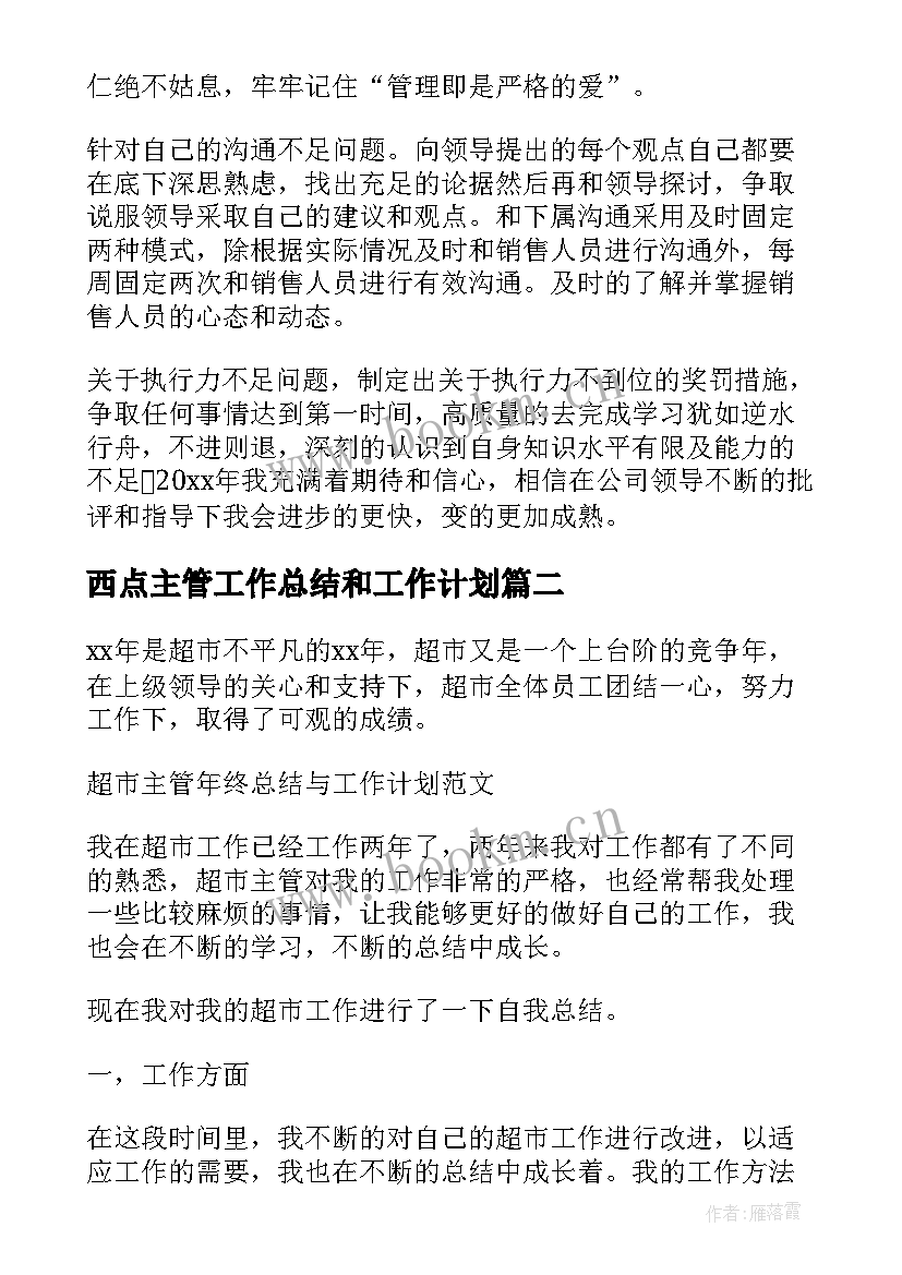 2023年西点主管工作总结和工作计划(模板5篇)