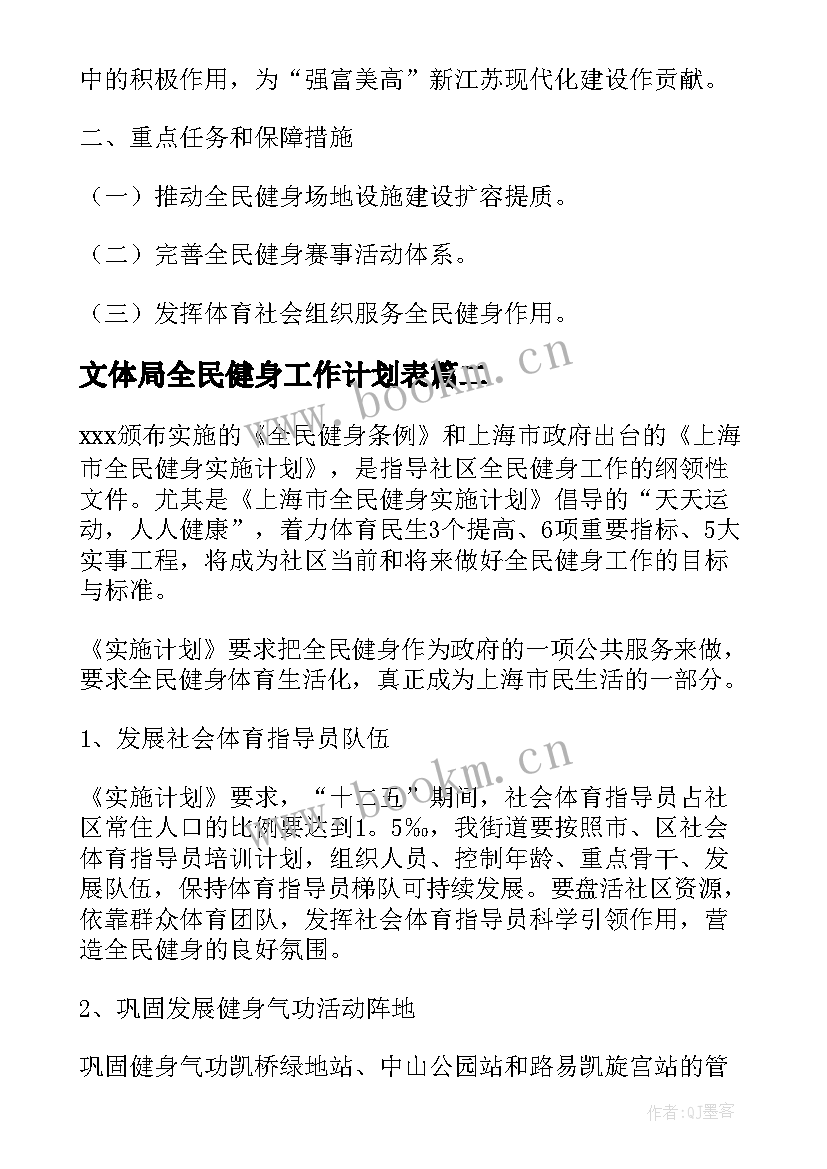 文体局全民健身工作计划表(精选5篇)