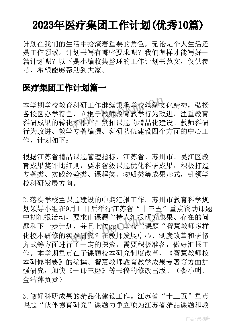 2023年医疗集团工作计划(优秀10篇)