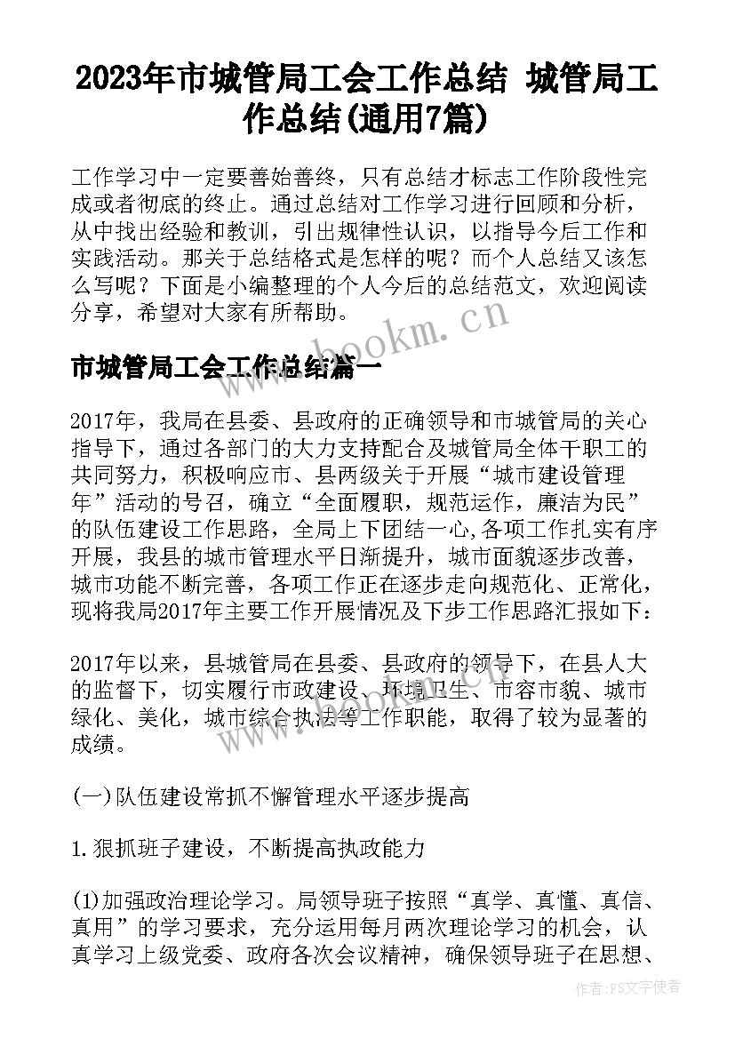 2023年市城管局工会工作总结 城管局工作总结(通用7篇)