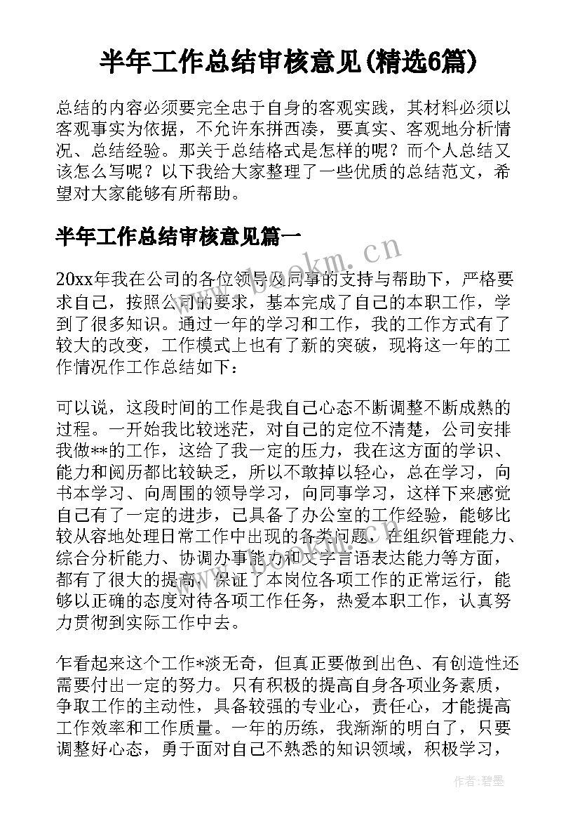 半年工作总结审核意见(精选6篇)