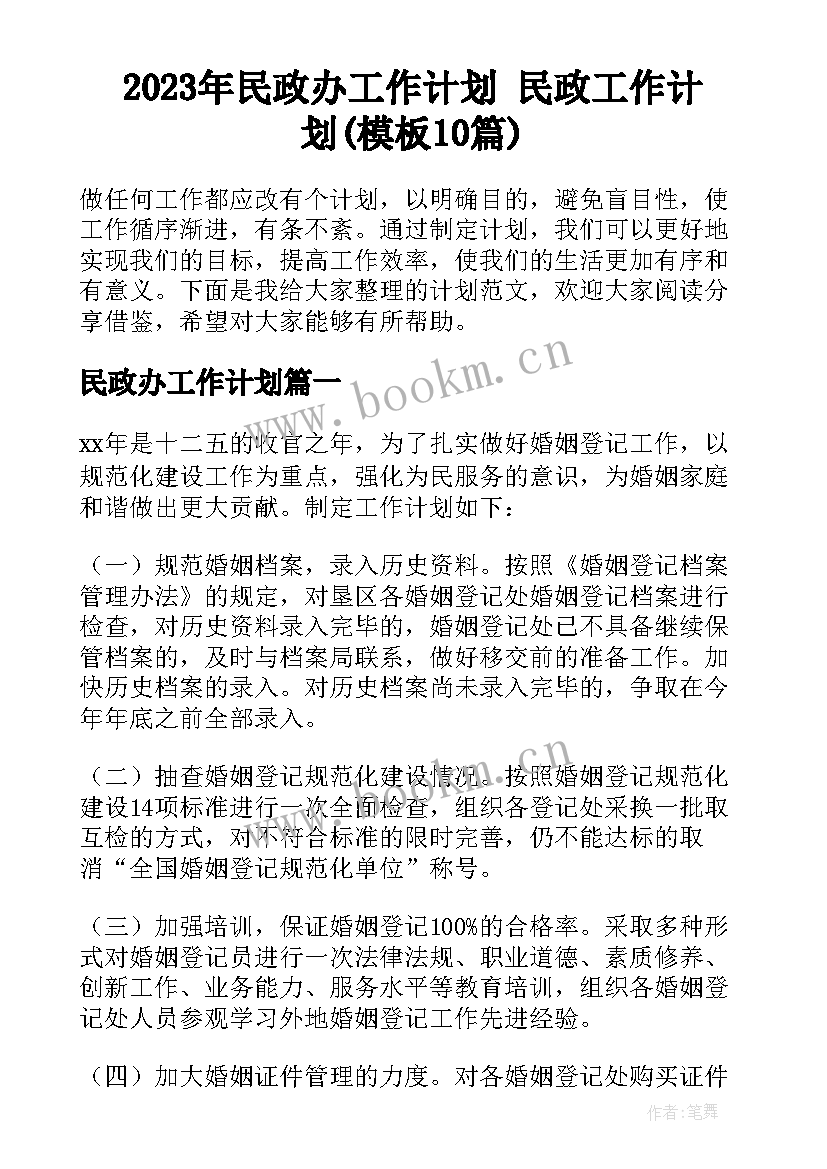 2023年民政办工作计划 民政工作计划(模板10篇)