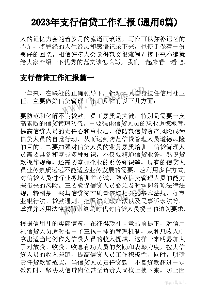 2023年支行信贷工作汇报(通用6篇)