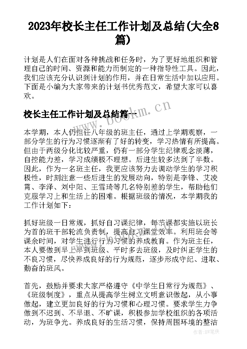 2023年校长主任工作计划及总结(大全8篇)