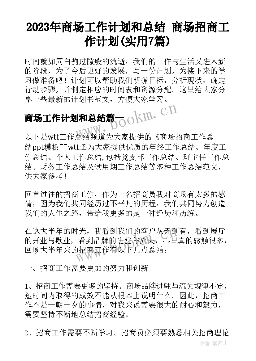 2023年商场工作计划和总结 商场招商工作计划(实用7篇)