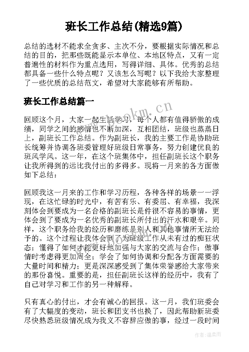 班长工作总结(精选9篇)