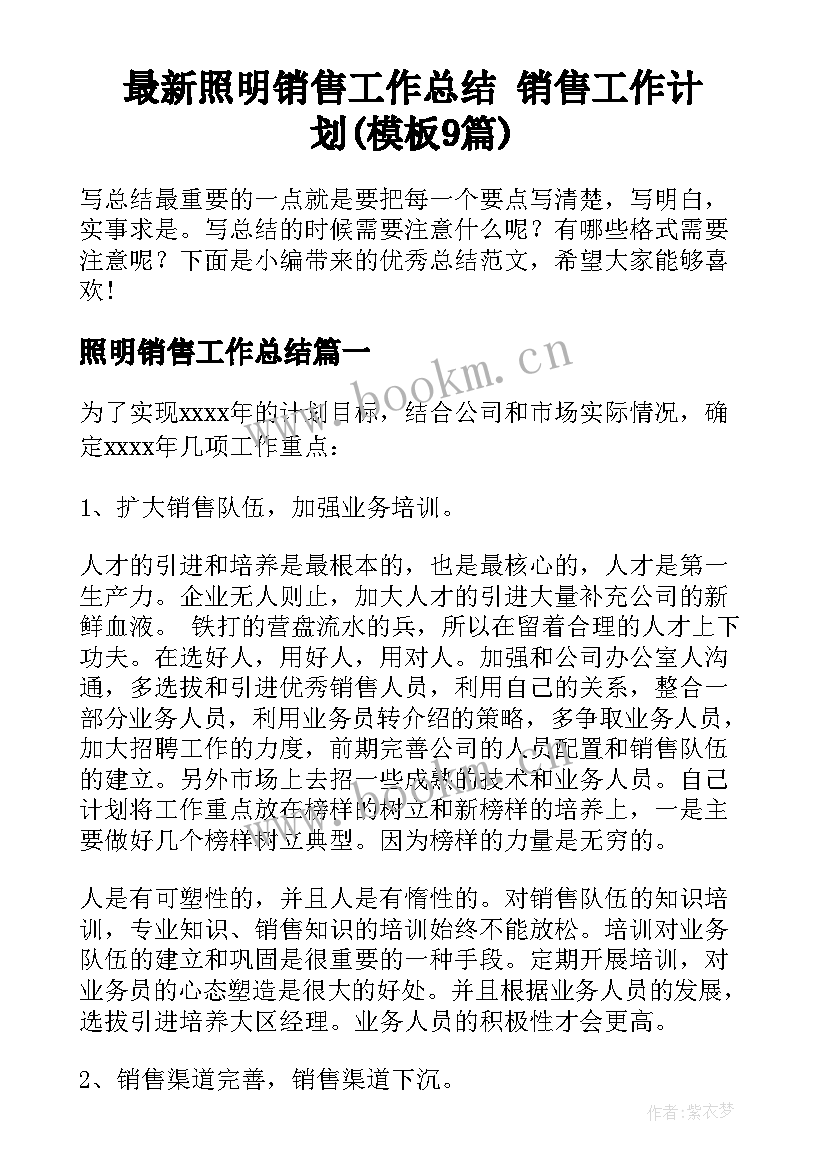 最新照明销售工作总结 销售工作计划(模板9篇)