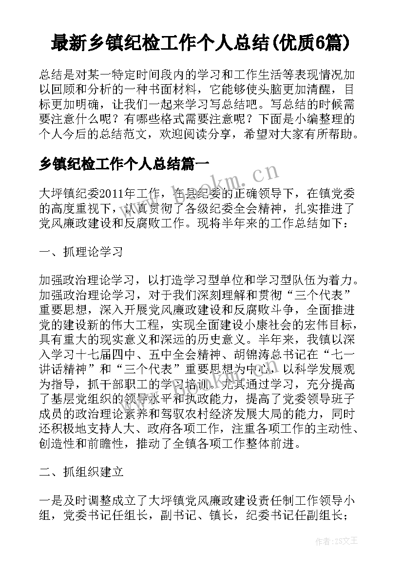 最新乡镇纪检工作个人总结(优质6篇)