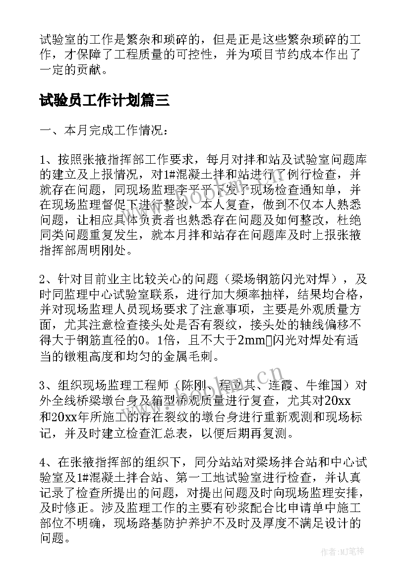 最新试验员工作计划(优质5篇)