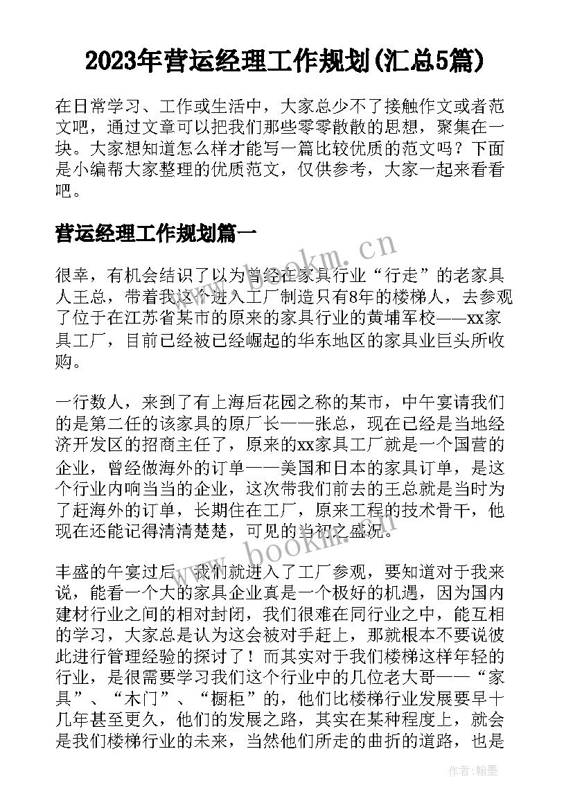 2023年营运经理工作规划(汇总5篇)