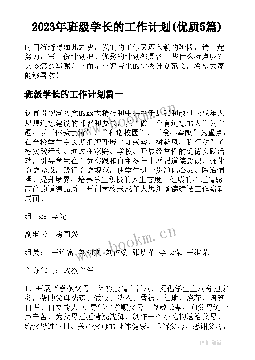 2023年班级学长的工作计划(优质5篇)