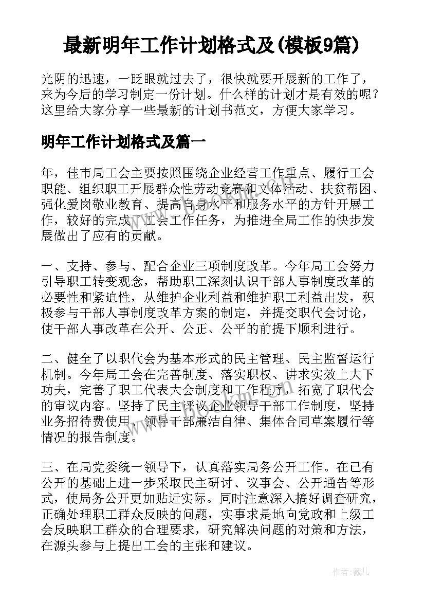 最新明年工作计划格式及(模板9篇)