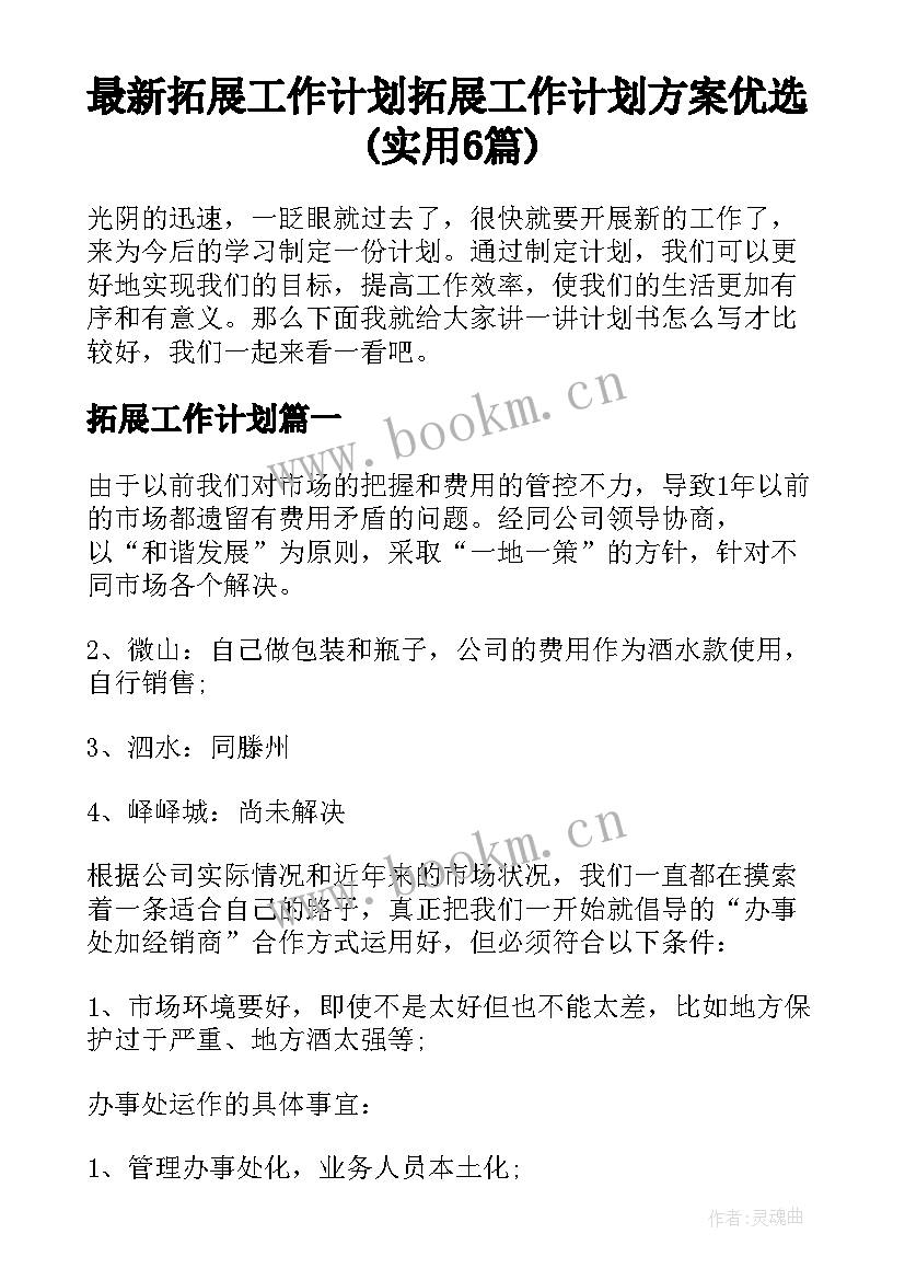 最新拓展工作计划 拓展工作计划方案优选(实用6篇)