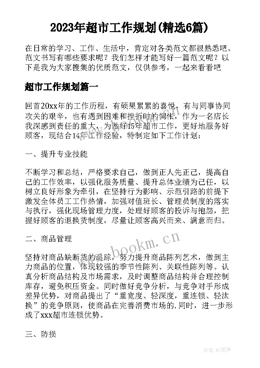 2023年超市工作规划(精选6篇)