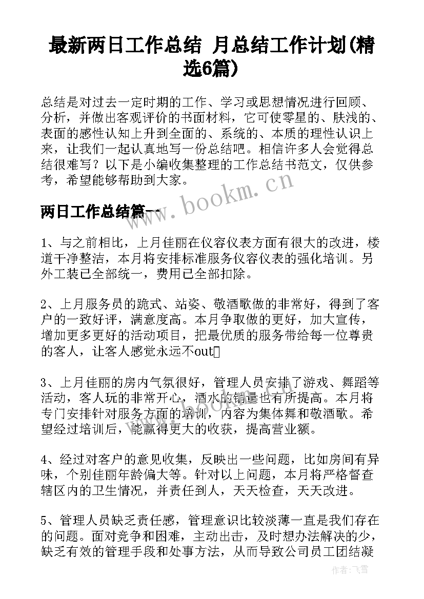 最新两日工作总结 月总结工作计划(精选6篇)