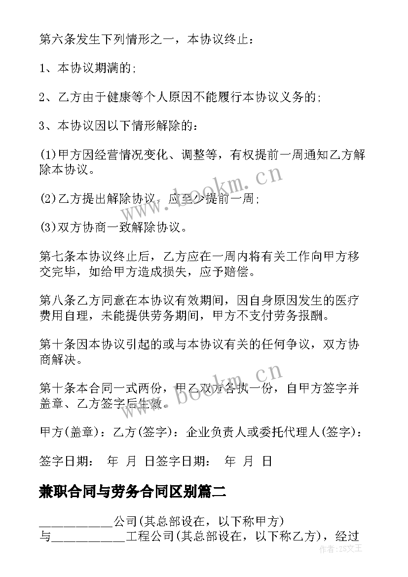 兼职合同与劳务合同区别 劳务合同协议书(汇总10篇)