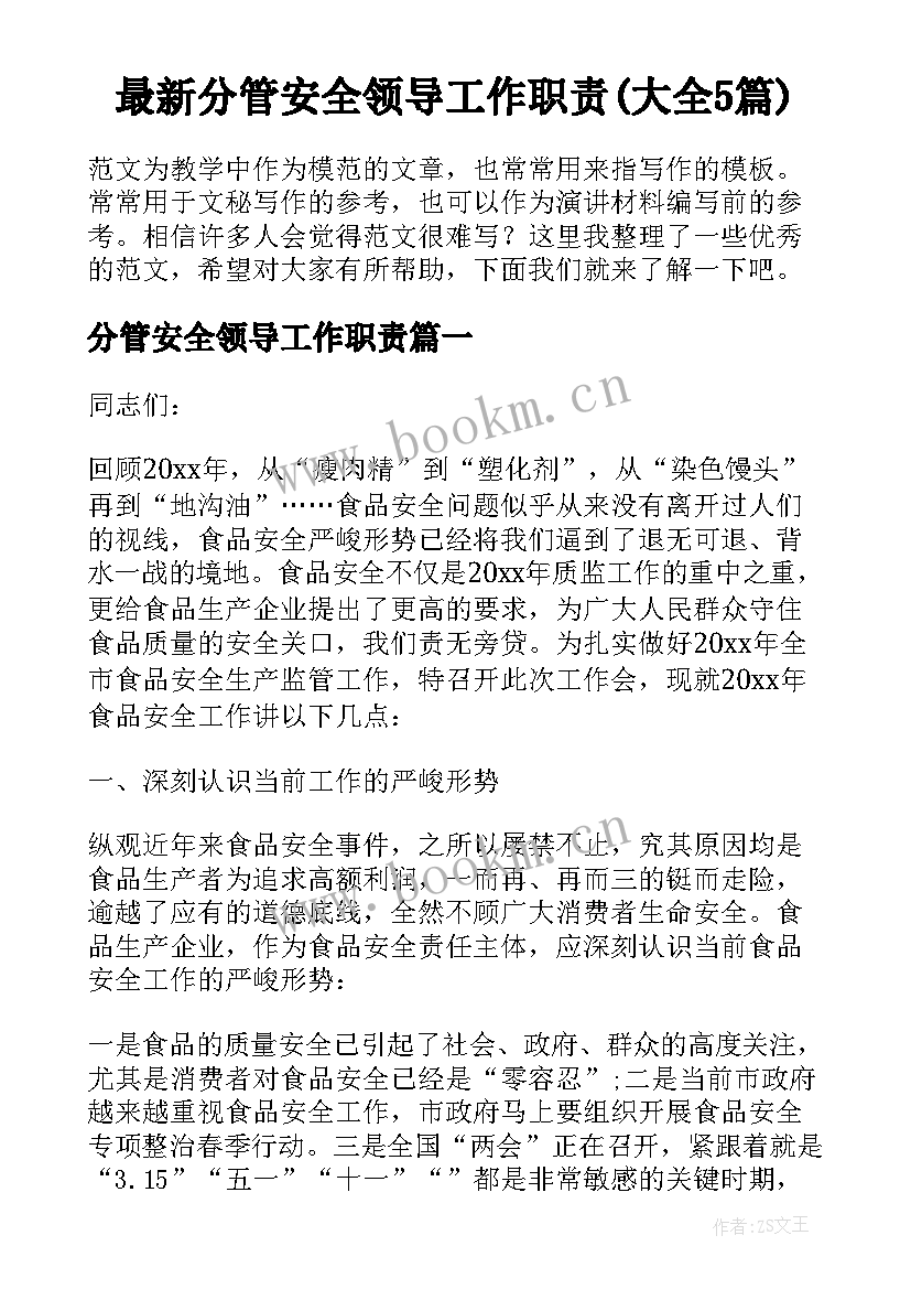 最新分管安全领导工作职责(大全5篇)