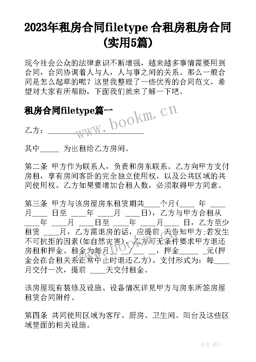 2023年租房合同filetype 合租房租房合同(实用5篇)