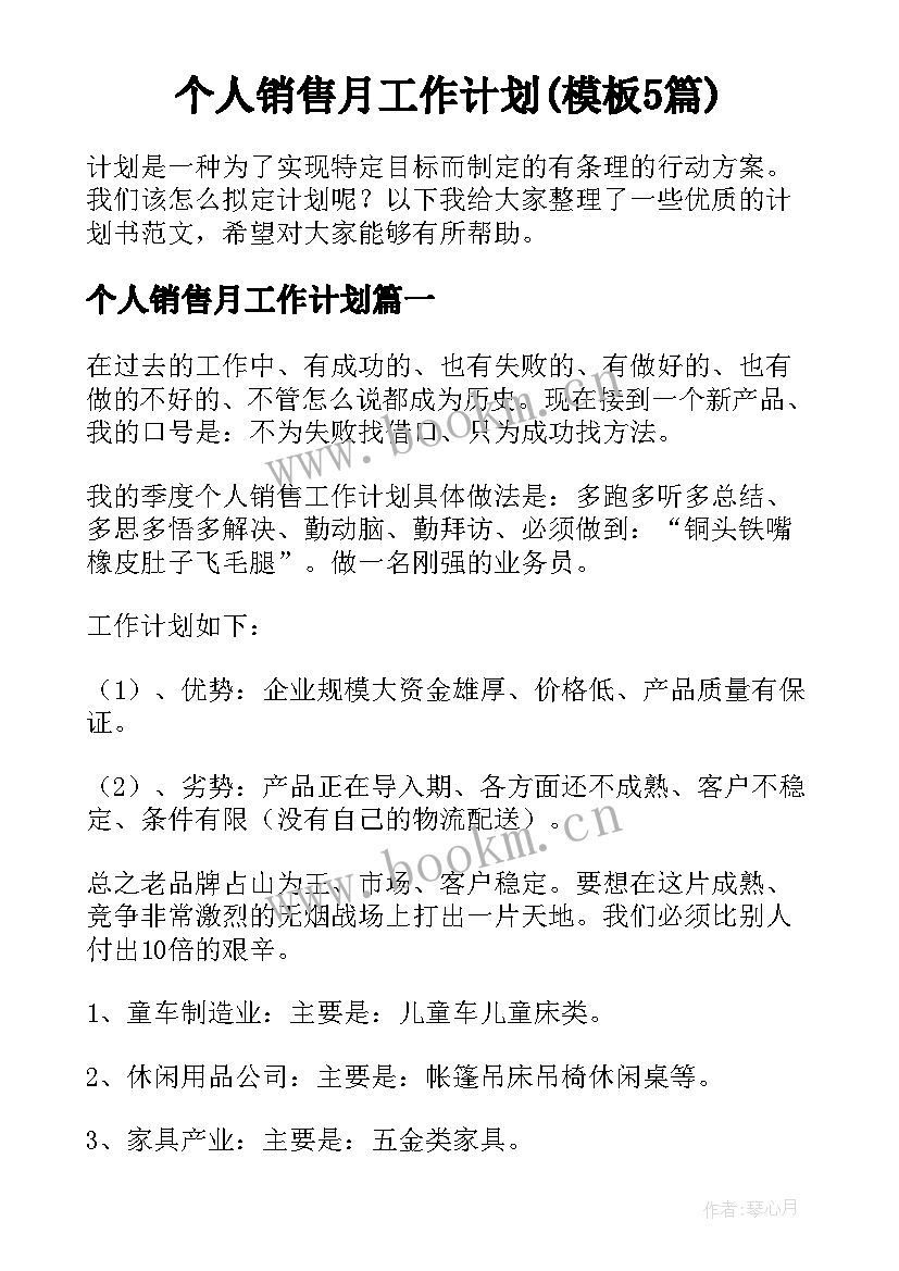 个人销售月工作计划(模板5篇)