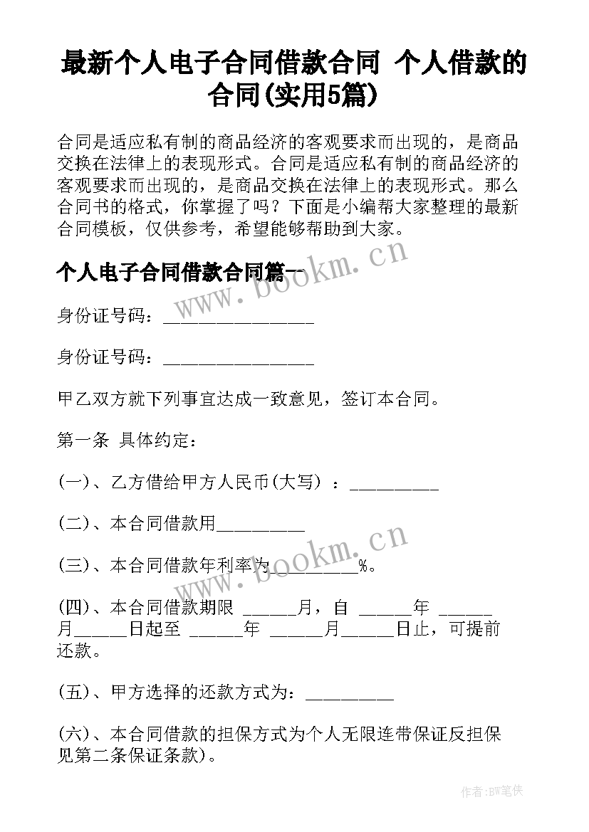 最新个人电子合同借款合同 个人借款的合同(实用5篇)