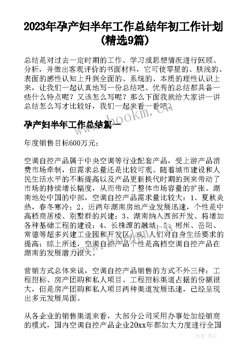 2023年孕产妇半年工作总结 年初工作计划(精选9篇)