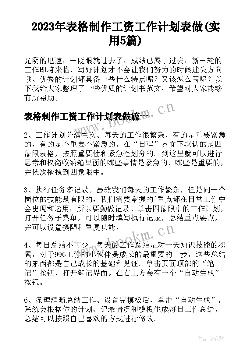 2023年表格制作工资工作计划表做(实用5篇)