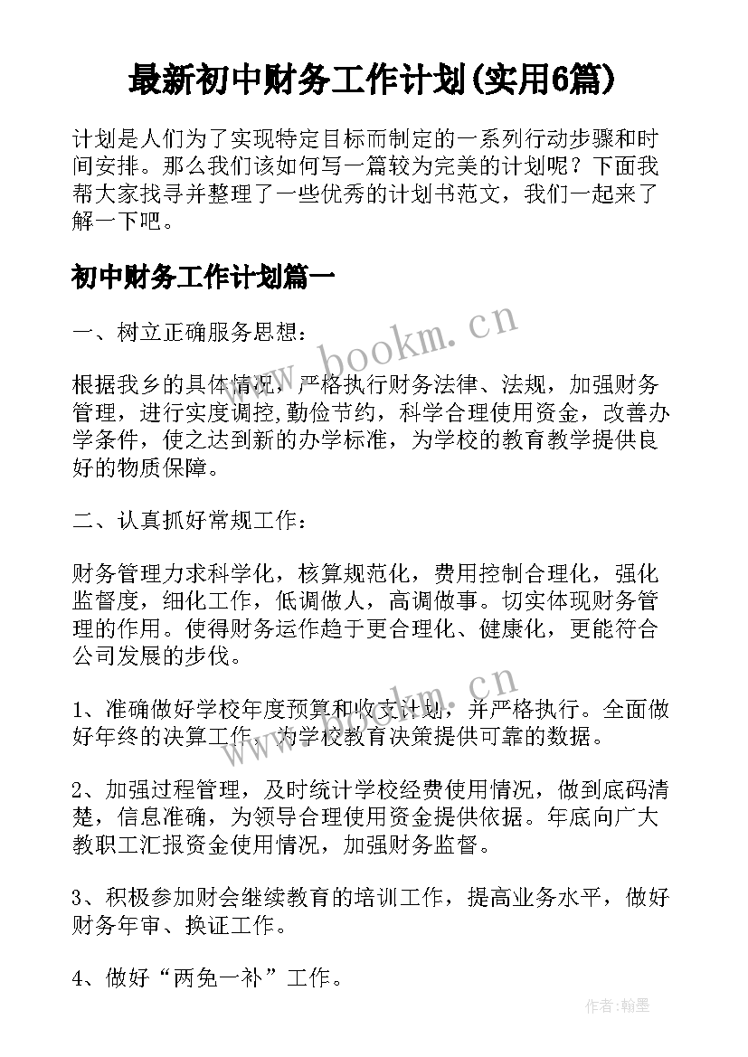 最新初中财务工作计划(实用6篇)