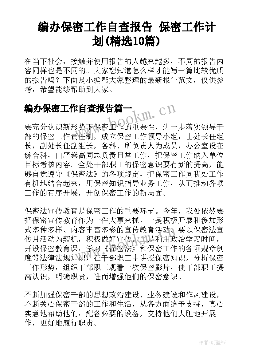 编办保密工作自查报告 保密工作计划(精选10篇)