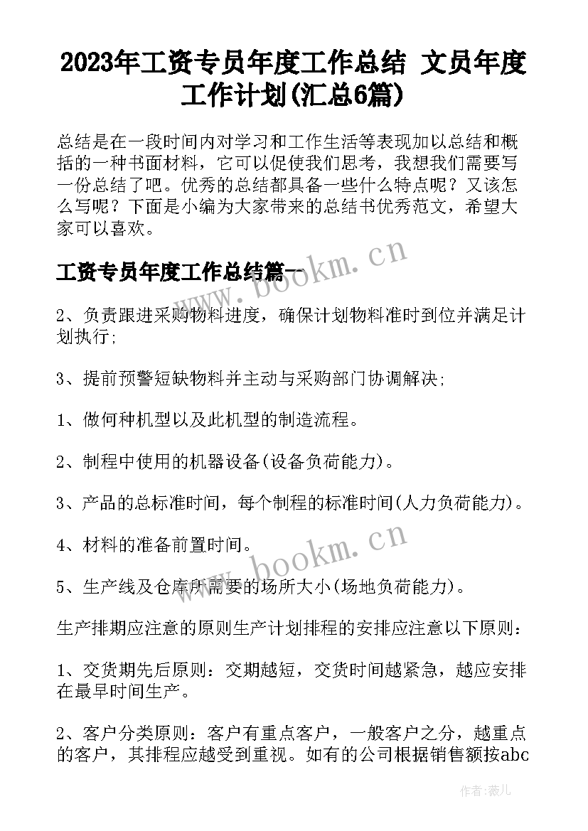 2023年工资专员年度工作总结 文员年度工作计划(汇总6篇)