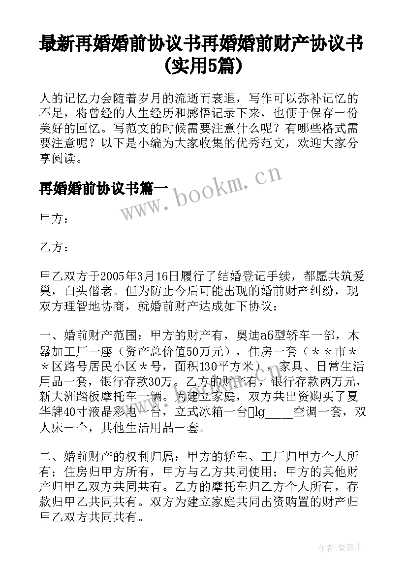 最新再婚婚前协议书 再婚婚前财产协议书(实用5篇)