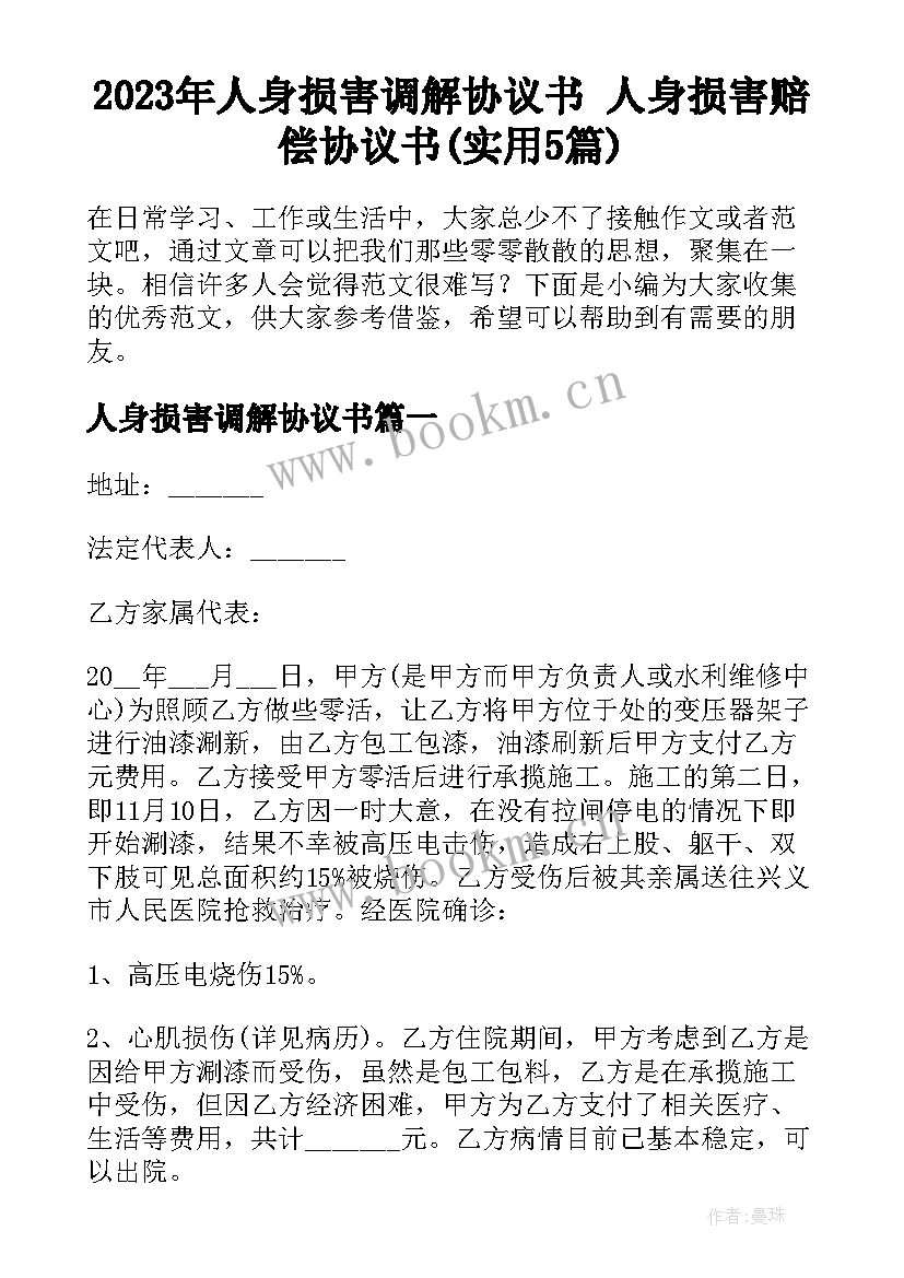 2023年人身损害调解协议书 人身损害赔偿协议书(实用5篇)