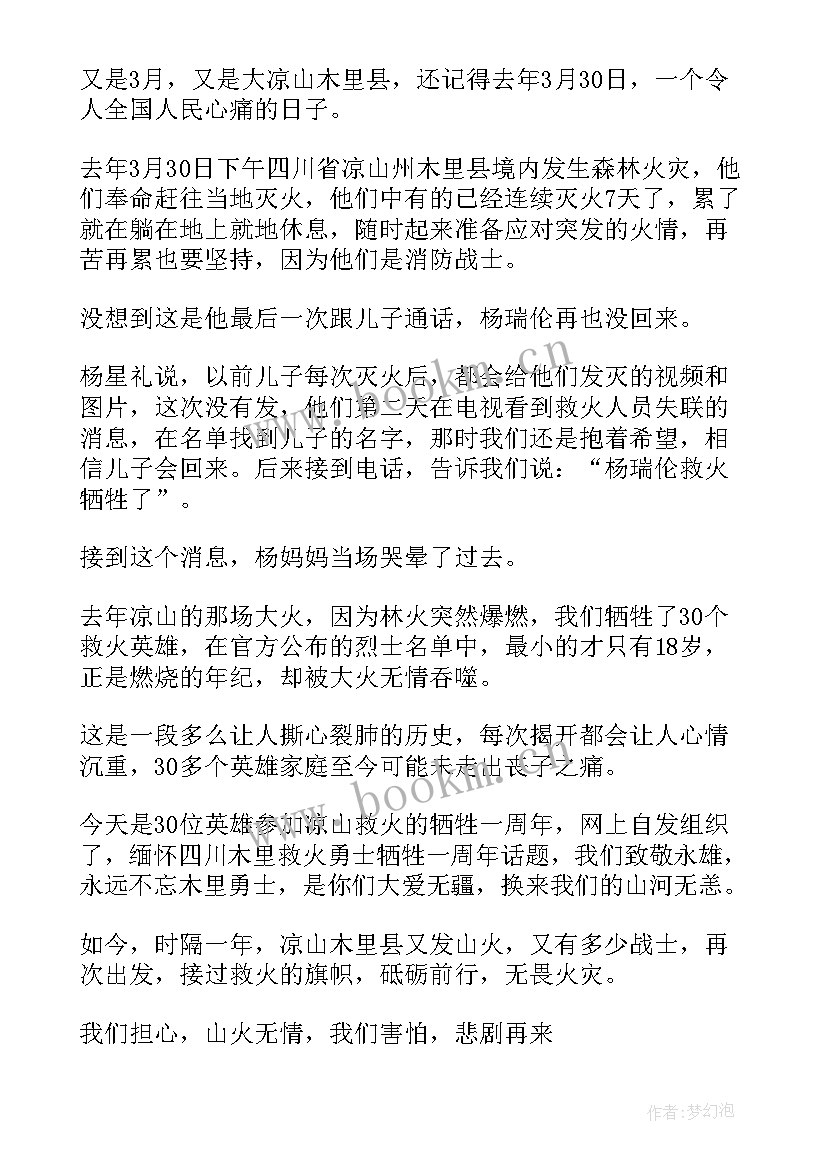 2023年救火心得体会 缅怀四川木里救火勇士个人心得体会(实用5篇)