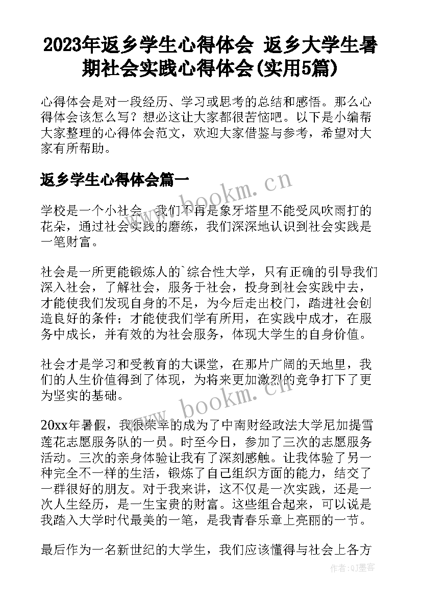 2023年返乡学生心得体会 返乡大学生暑期社会实践心得体会(实用5篇)