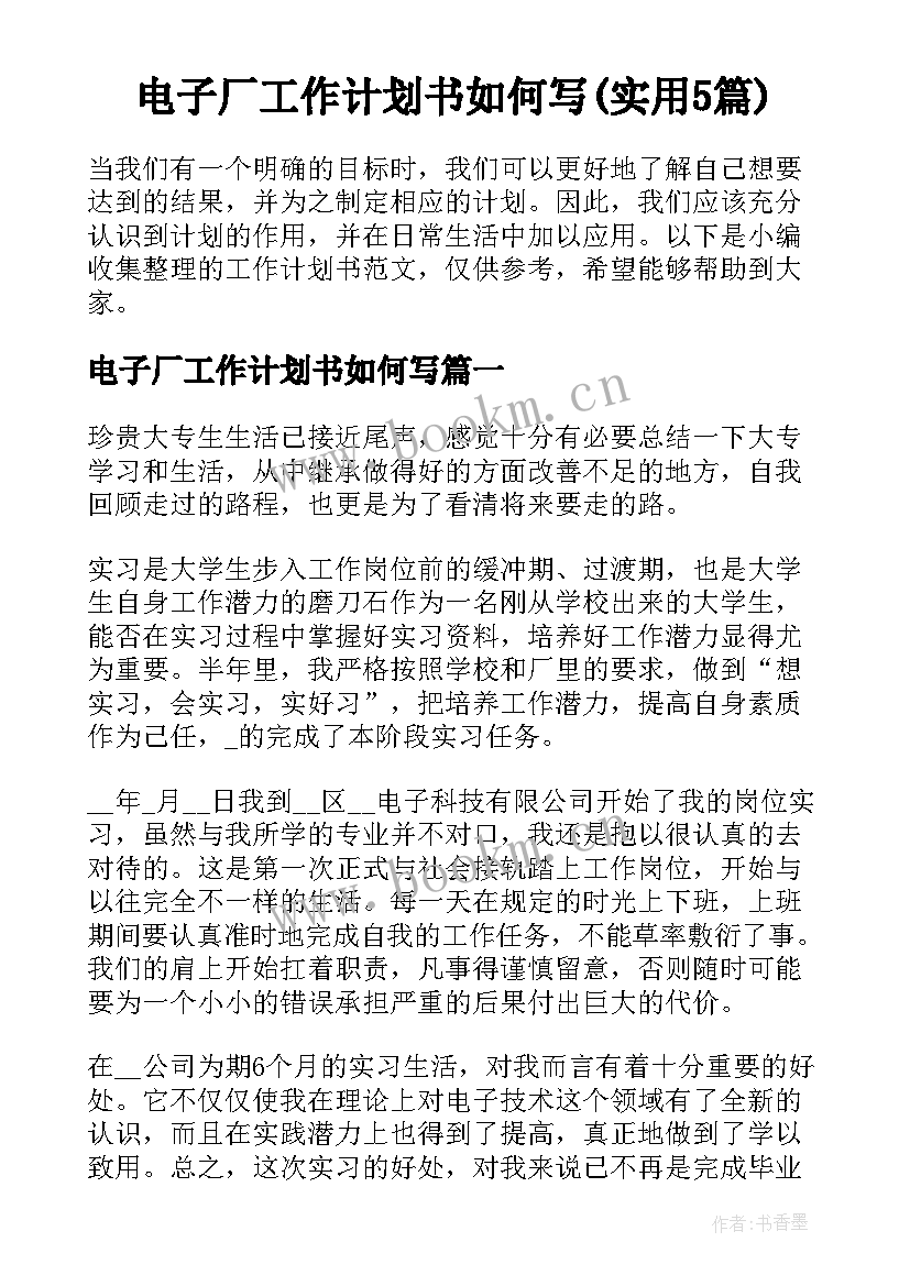 电子厂工作计划书如何写(实用5篇)