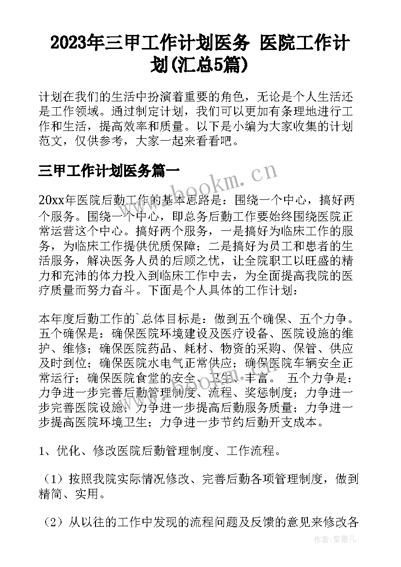 2023年三甲工作计划医务 医院工作计划(汇总5篇)