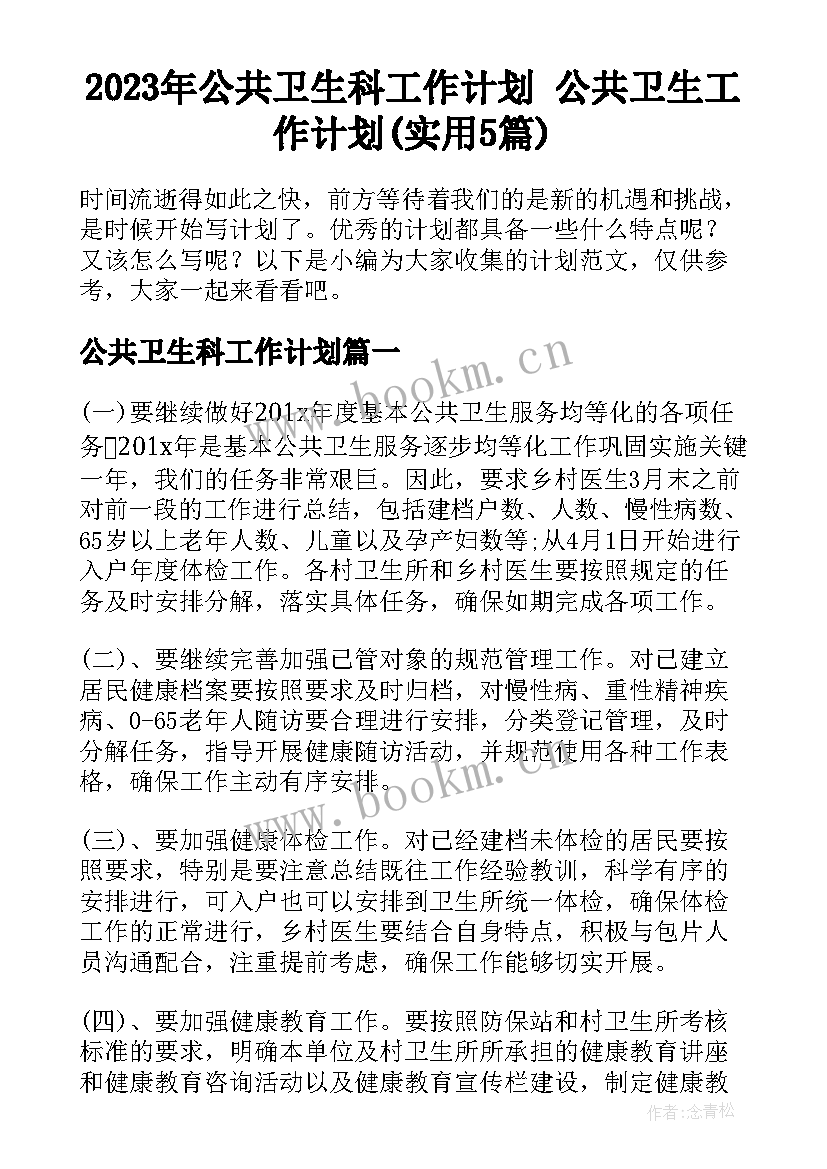 2023年公共卫生科工作计划 公共卫生工作计划(实用5篇)