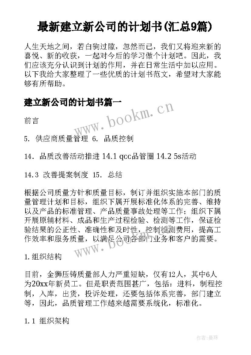 最新建立新公司的计划书(汇总9篇)