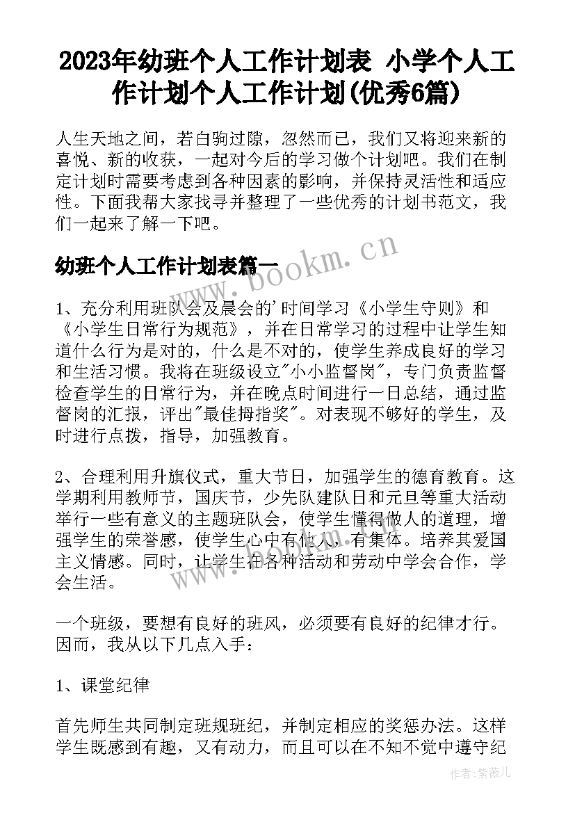 2023年幼班个人工作计划表 小学个人工作计划个人工作计划(优秀6篇)