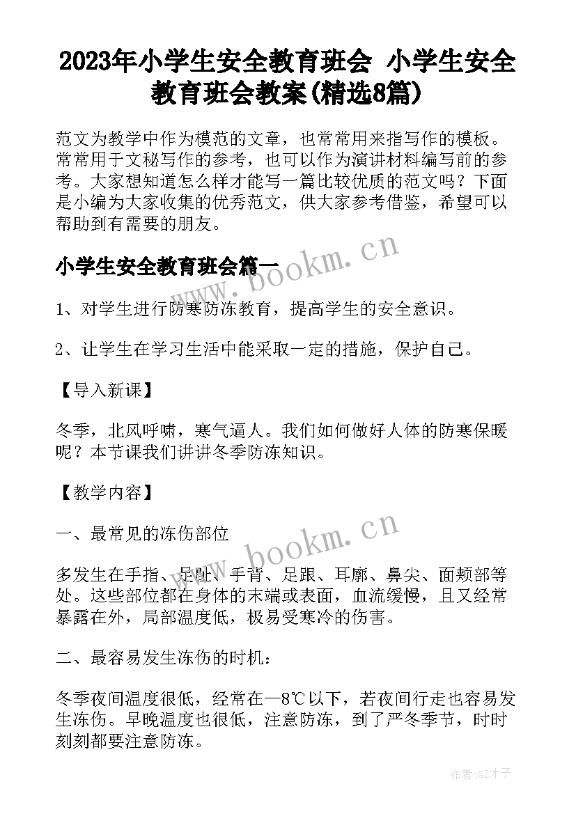 2023年小学生安全教育班会 小学生安全教育班会教案(精选8篇)