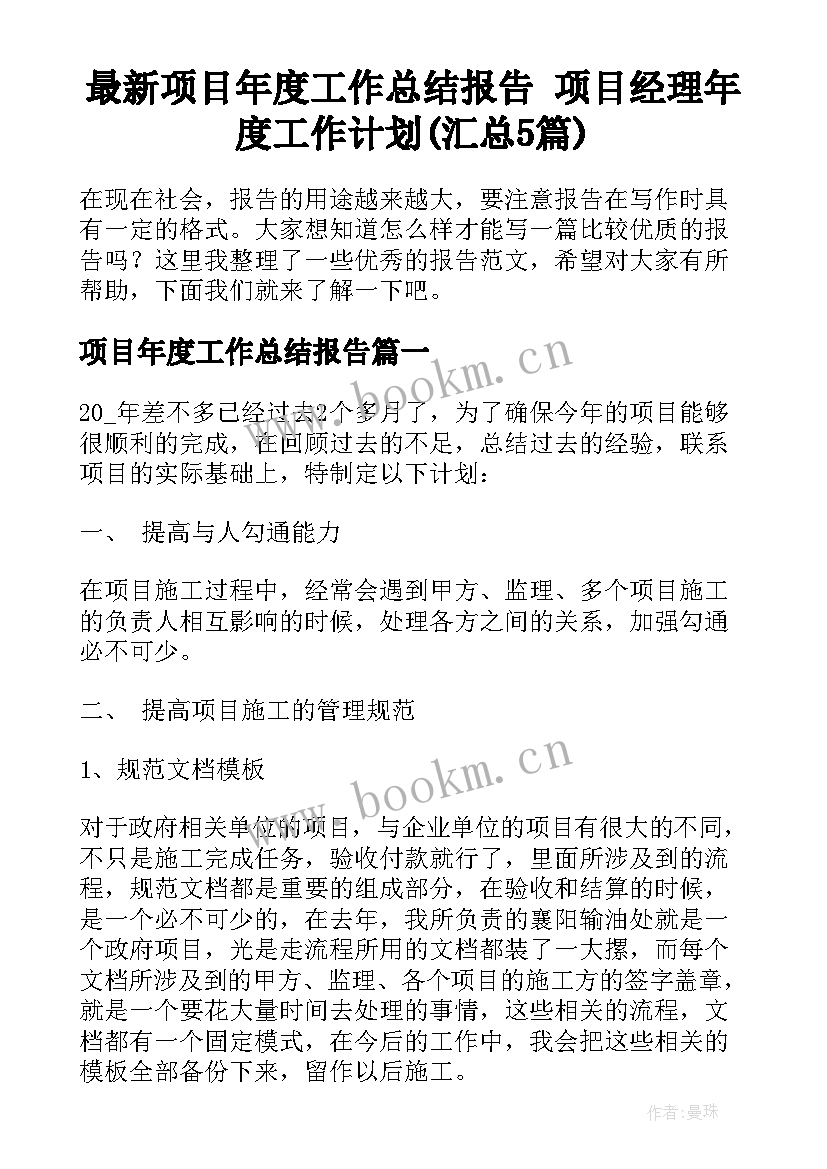 最新项目年度工作总结报告 项目经理年度工作计划(汇总5篇)