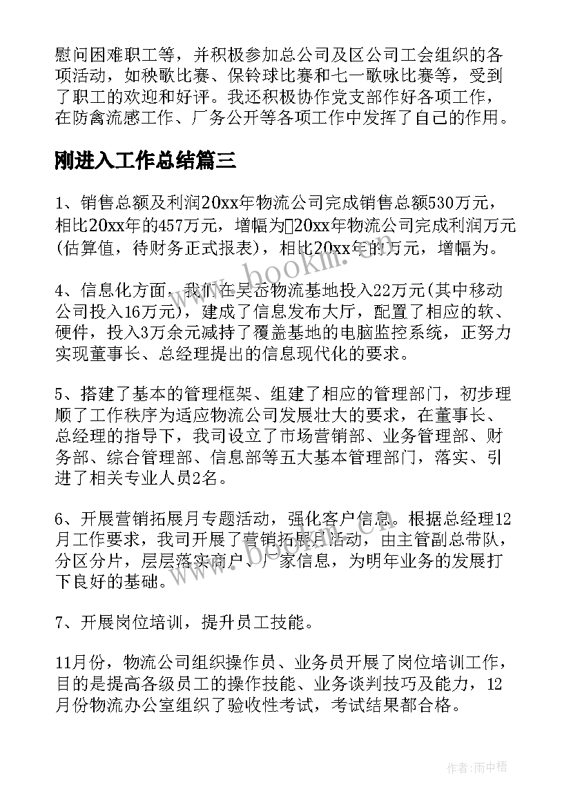 2023年刚进入工作总结(通用6篇)