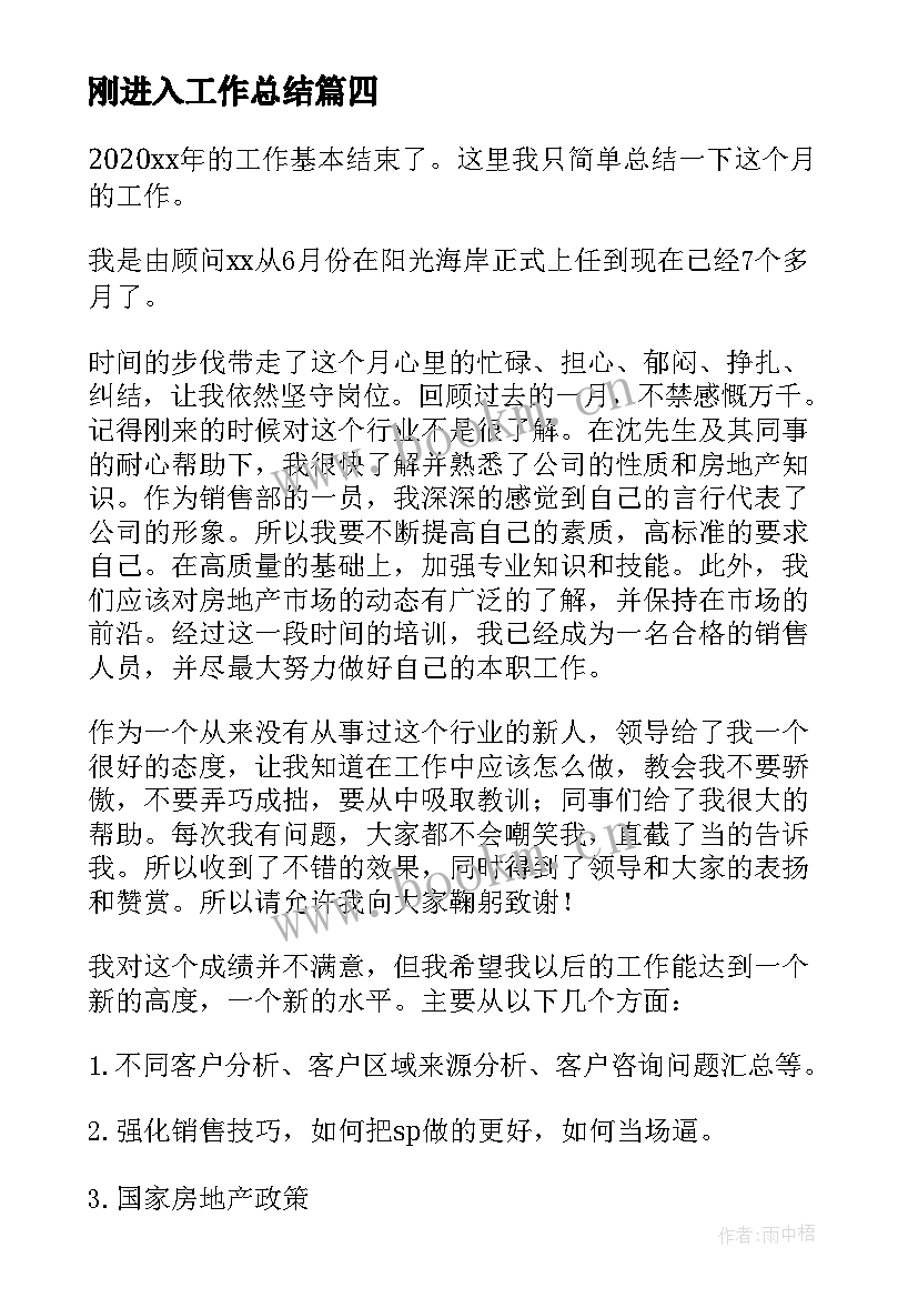 2023年刚进入工作总结(通用6篇)